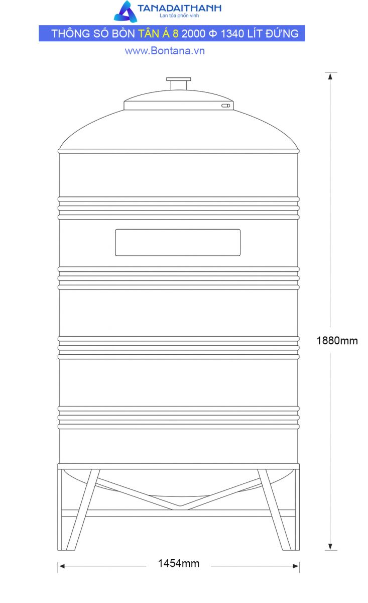Bản vẽ kỹ thuật bồn nước inox tân á 8 2000 lít đường kính 1340