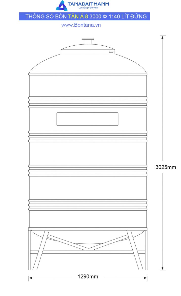 Bản vẽ kỹ thuật bòn nước inox tân á đứng 3000 lít đường kính 1140