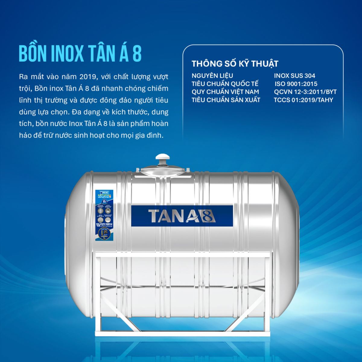 Bồn nước inox tân á 8 nằm ngang