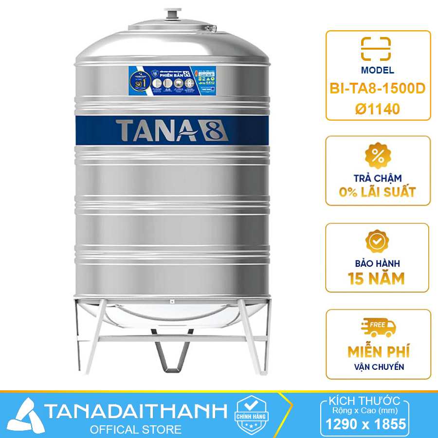 Bồn nước Inox Tân Á 8 1500 lít F1140 đứng